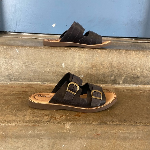 Born Black Leather Double Buckle Slide Sandals - Picture 2 of 8